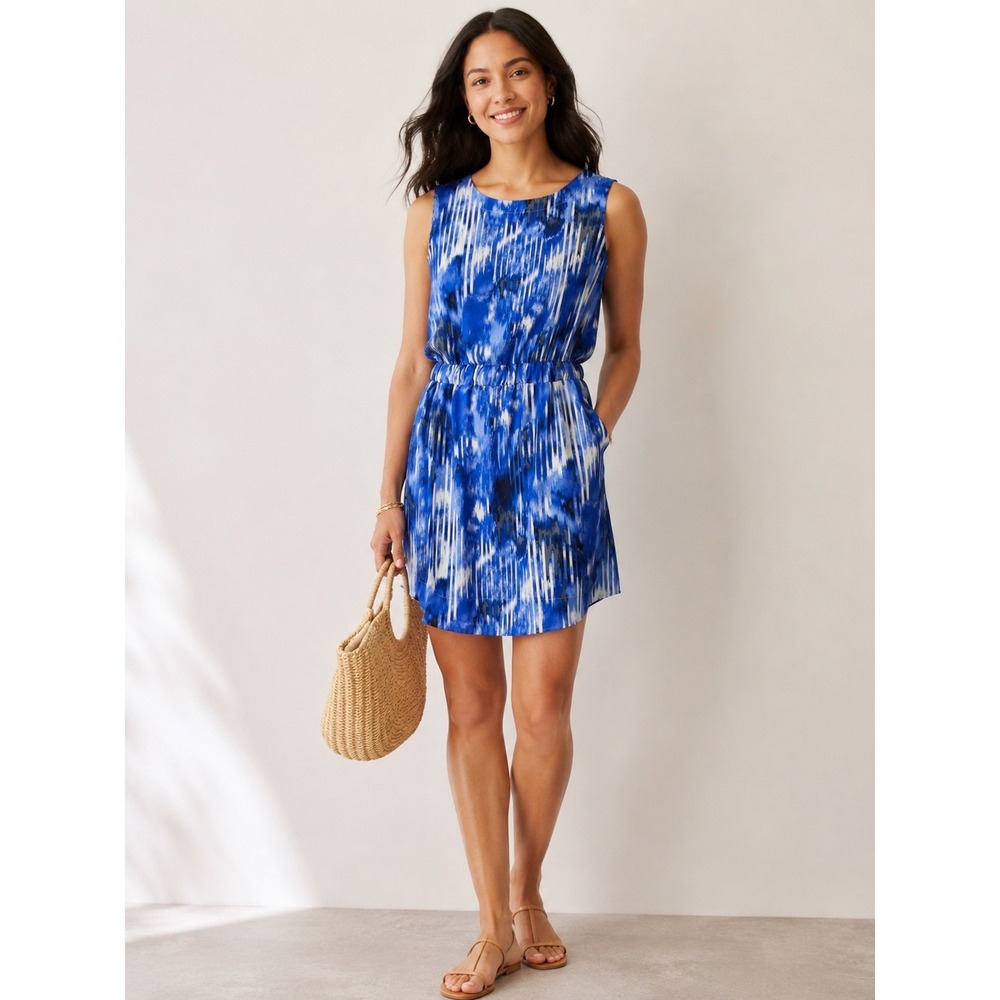 Athleta Royal Blue and White Printed Sleeveless Mini Dress